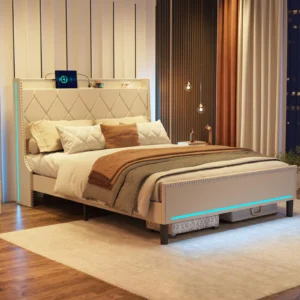 Queen Size Bed Frame with LED Lights Upholstered Platform