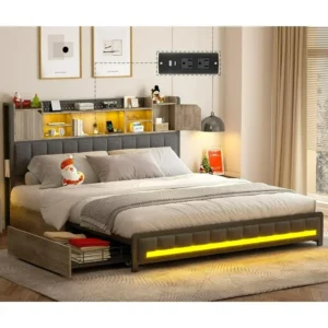 Queen Bed Frame, with 4 Storage Drawers and Bookcase Headboad